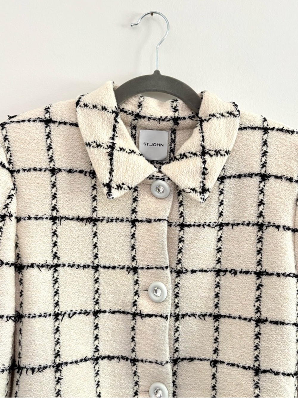 St. John Eyelash Windowpane Knit Belted Jacket Tweed Wool-Blend Jacket Sz 10 - Picture 4 of 8